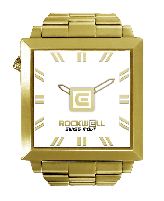 gold 50 squared analog watch with white dial and gold accents