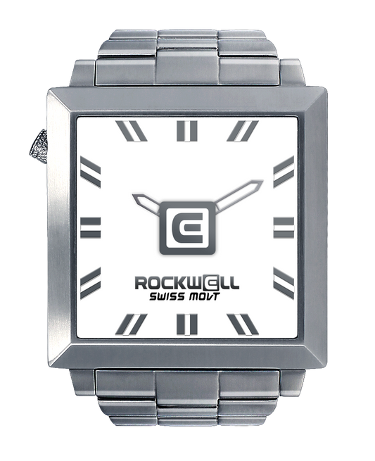 silver 50 squared analog watch with white dial