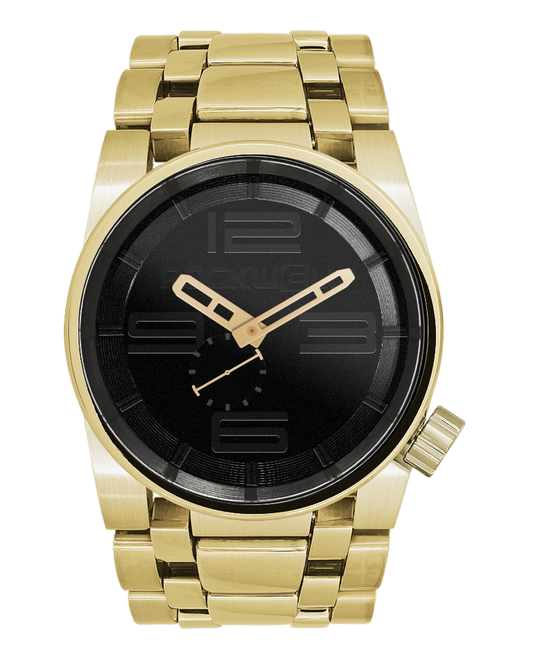 gold 50 round analog watch with all black dial