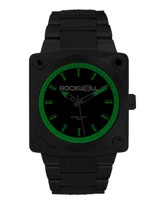 black 747 analog watch with black dial and green accents