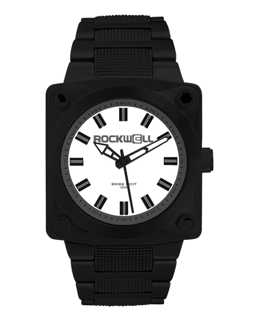 black 747 analog watch with white dial and gray accents