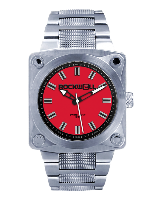 silver 747 analog watch with red dial and black accents
