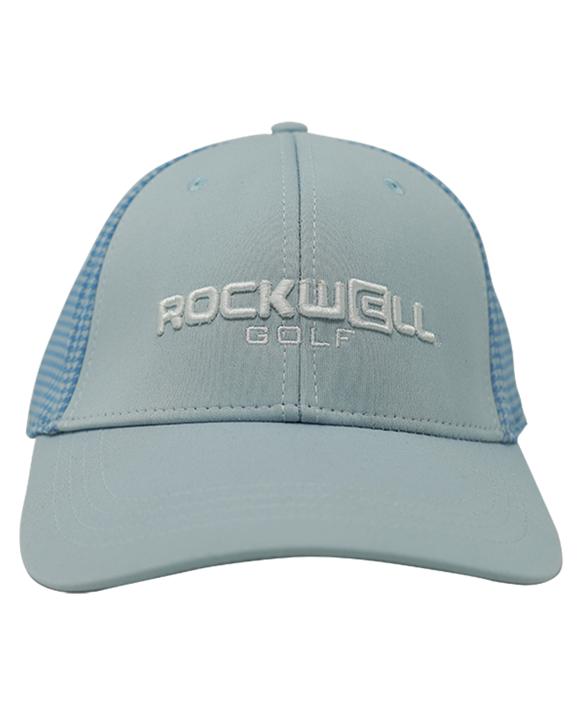 front of baby blue plaid rockwell golf hat