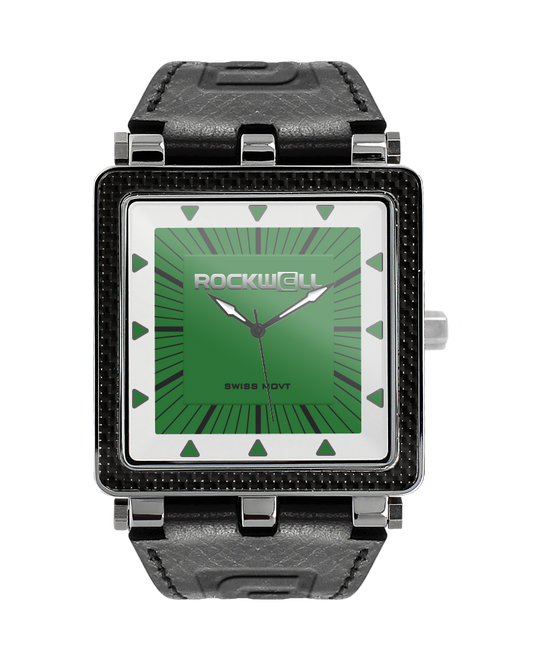 black carbon fiber watch with green white dial and black leather bands