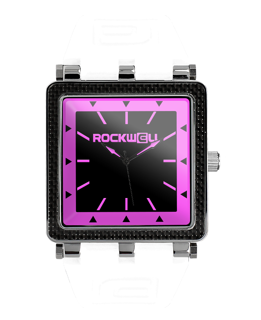 pink carbon fiber analog watch with black dial and white silicone bands