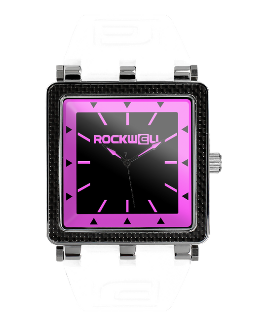 pink carbon fiber analog watch with black dial and white silicone bands