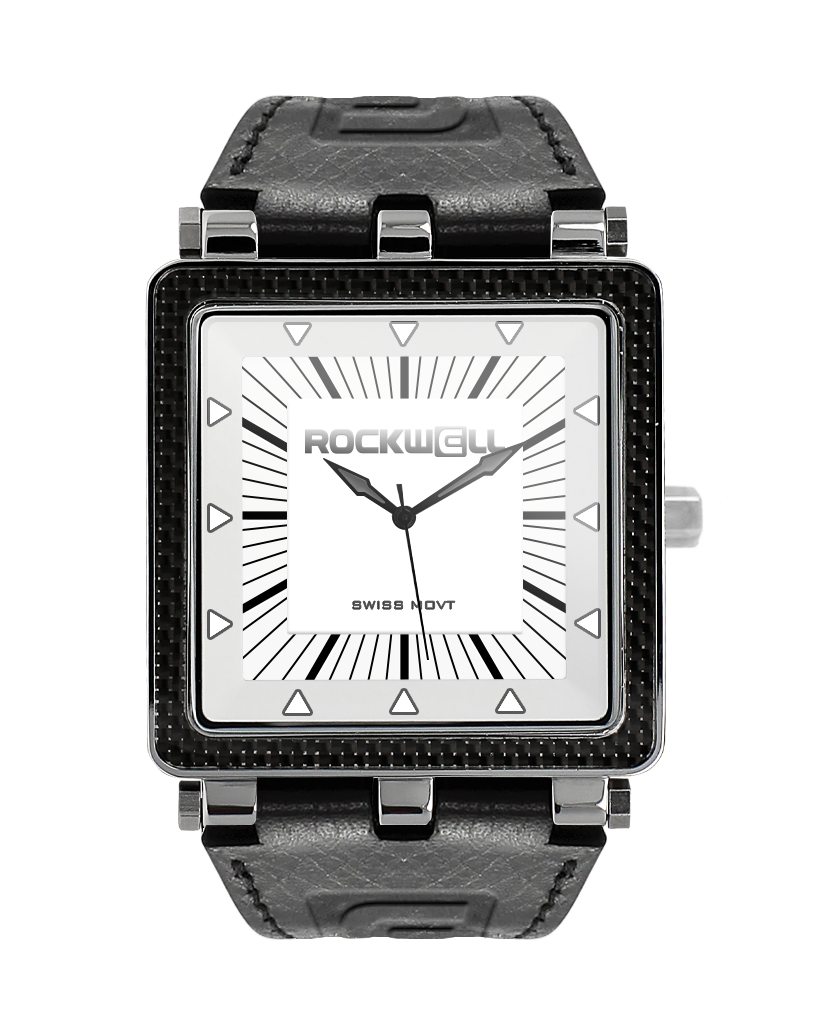 black carbon fiber analog watch with white dial and black leather bands