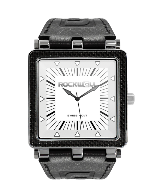 black carbon fiber analog watch with white dial and black leather bands