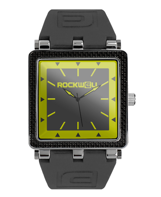 gray carbon fiber analog watch with yellow accents