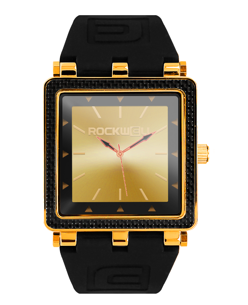 gold carbon fiber lite analog watch with black silicone bands