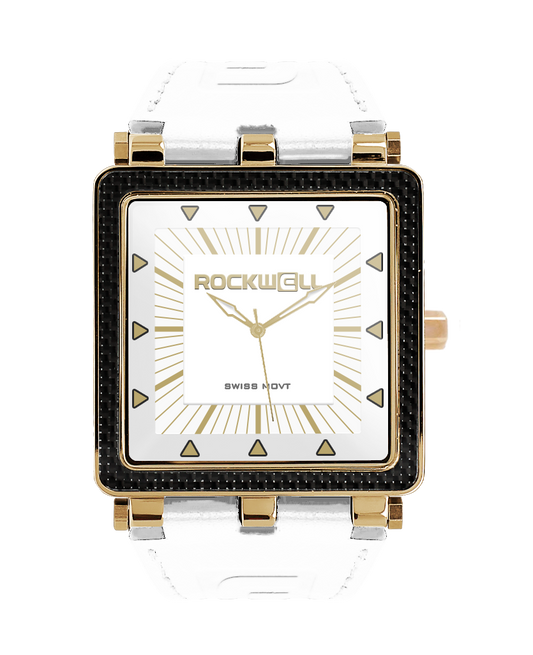 rose gold carbon fiber analog watch with white dial and white leather bands