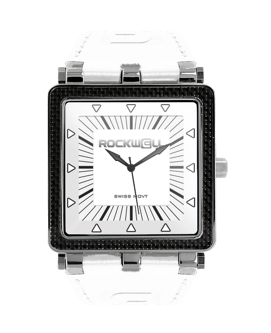 white carbon fiber analog watch with white leather bands