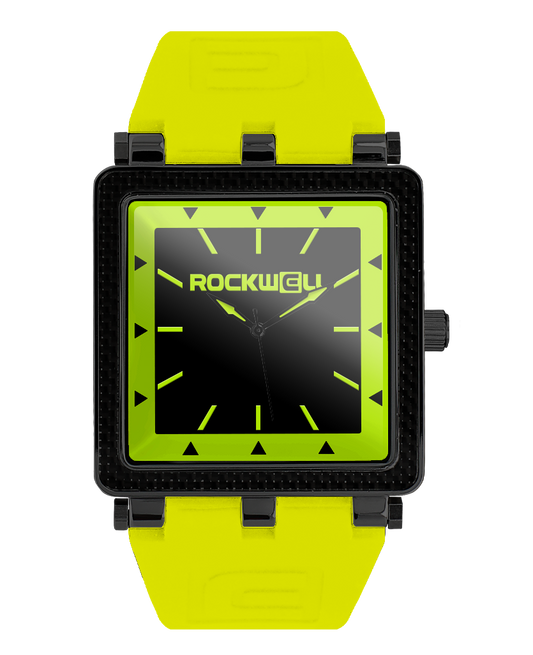 yellow carbon fiber analog watch with black dial and black case