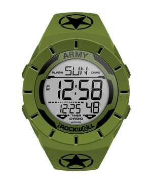 O D green coliseum digital watch with black accents and United States Army bands