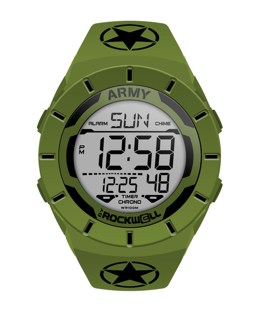 O D green coliseum digital watch with black accents and United States Army bands