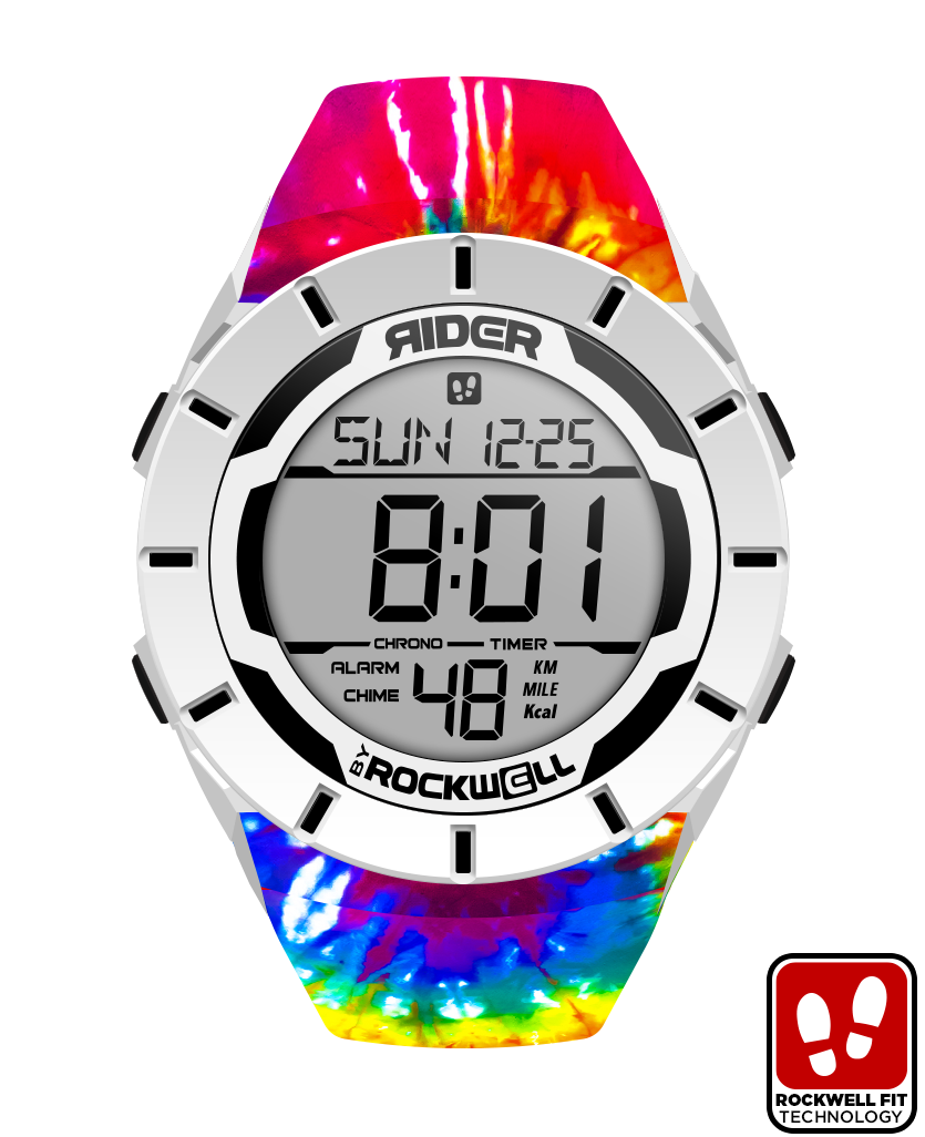 white coliseum digital watch with tie-dye bands