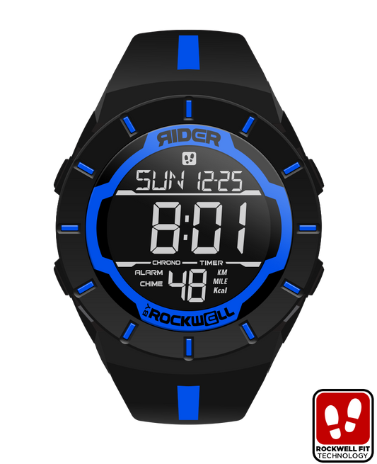 black coliseum digital watch with blue accents and thin blue line bands