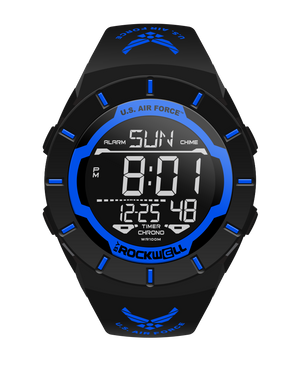 black coliseum digital watch with blue accents and United States Air Force bands
