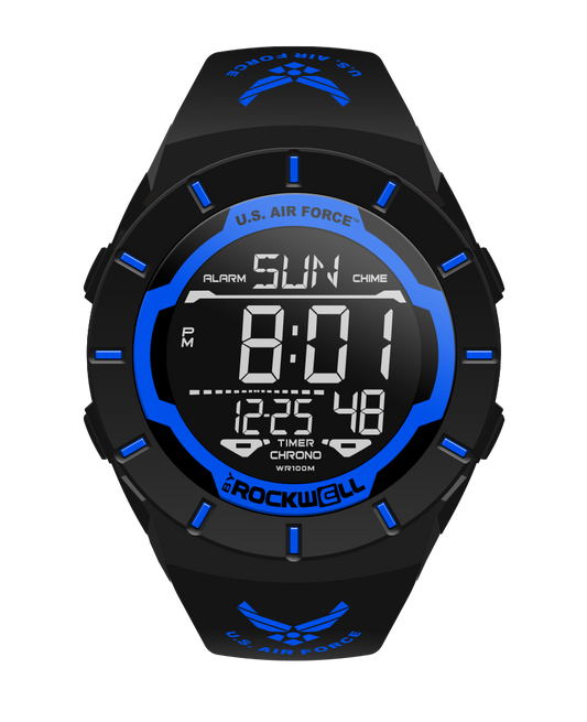 black coliseum digital watch with blue accents and United States Air Force bands