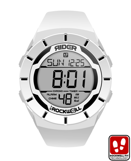 white coliseum digital watch with black accents