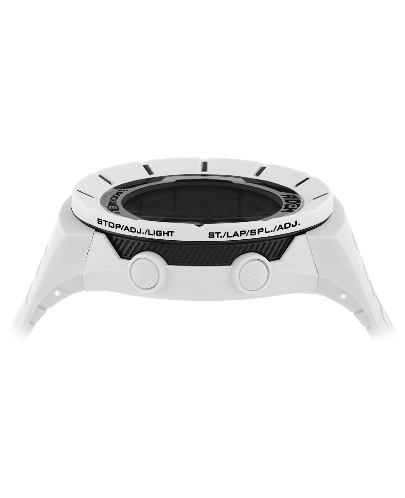 white coliseum digital watch with black accents