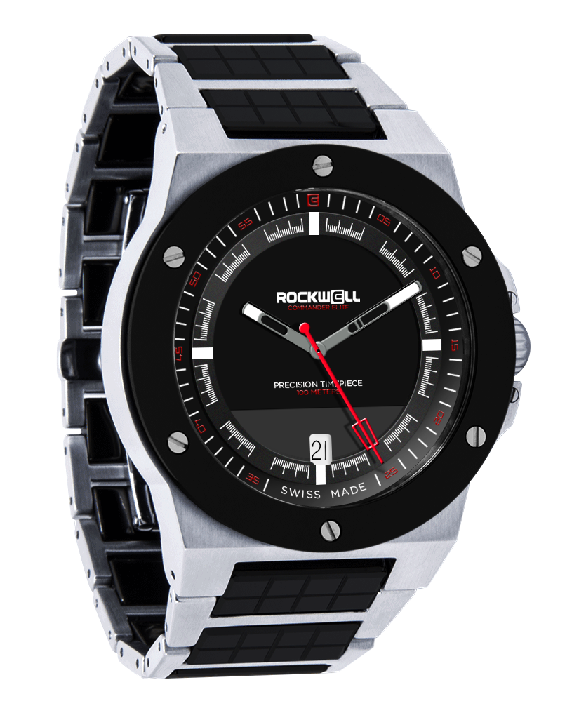 tier 3 edition silver commander elite analog watch with black ceramic bezel and inner links