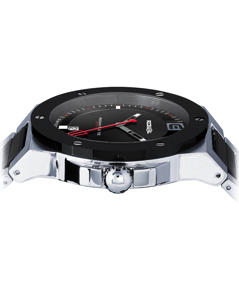 tier 2 edition silver commander elite analog watch with black ceramic bezel and inner links