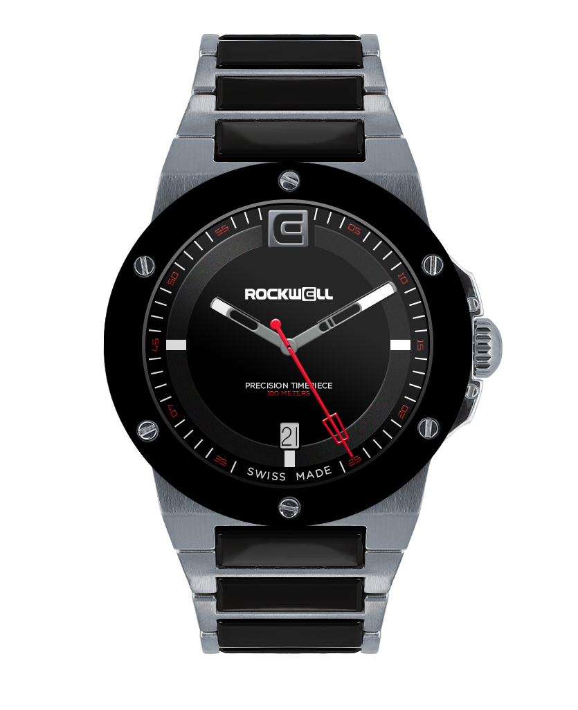 tier 2 edition silver commander elite analog watch with black ceramic inner links and black dial