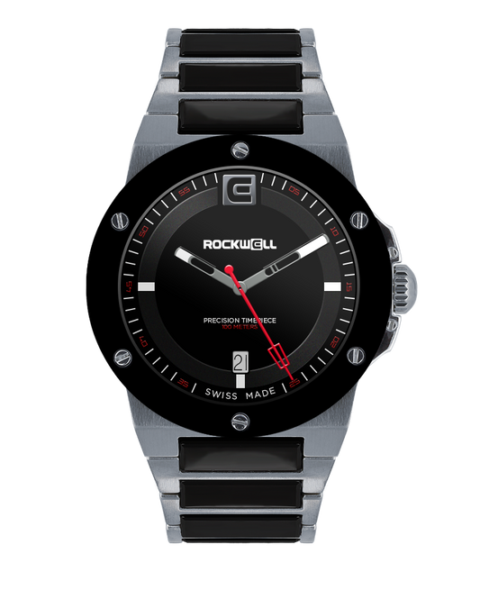 tier 2 edition silver commander elite analog watch with black ceramic inner links and black dial