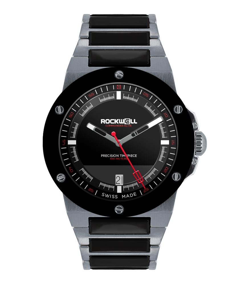 tier 3 edition silver commander elite analog watch with black ceramic inner links and black dial