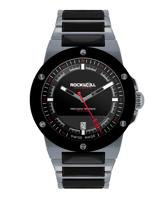 tier 3 edition silver commander elite analog watch with black ceramic inner links and black dial
