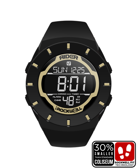 black coliseum forum digital watch with gold accents
