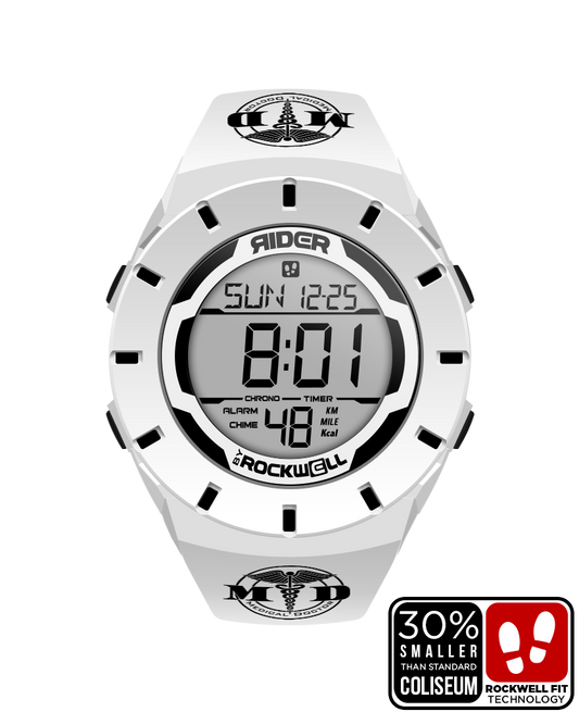 white coliseum forum digital watch with medical doctor edition bands and black accents