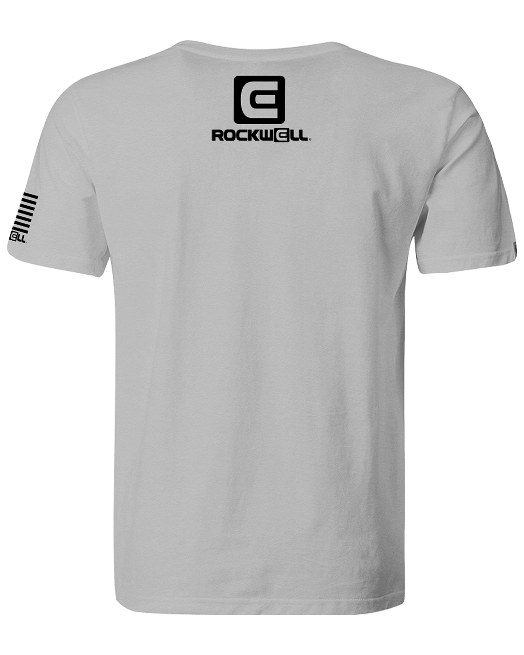 Rockwell stacked logo on top of the back. Rockwell flag logo on sleeve