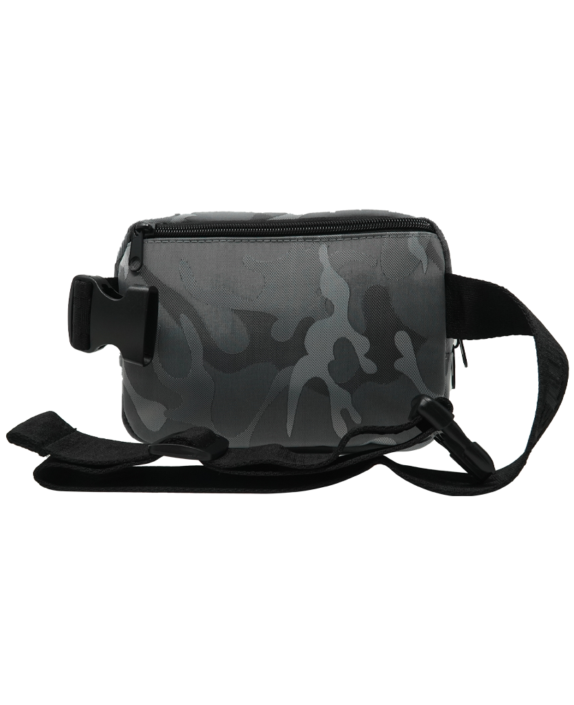 back of gray camo mini fanny pack