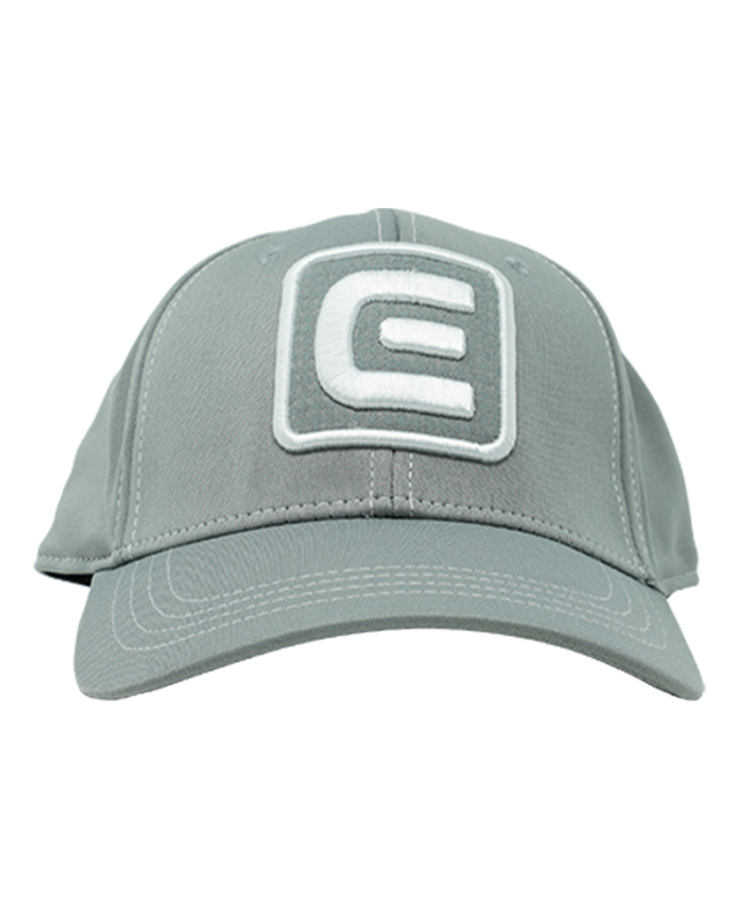 front of Rockwell gray Golf Series Hat with rockwell e logo  