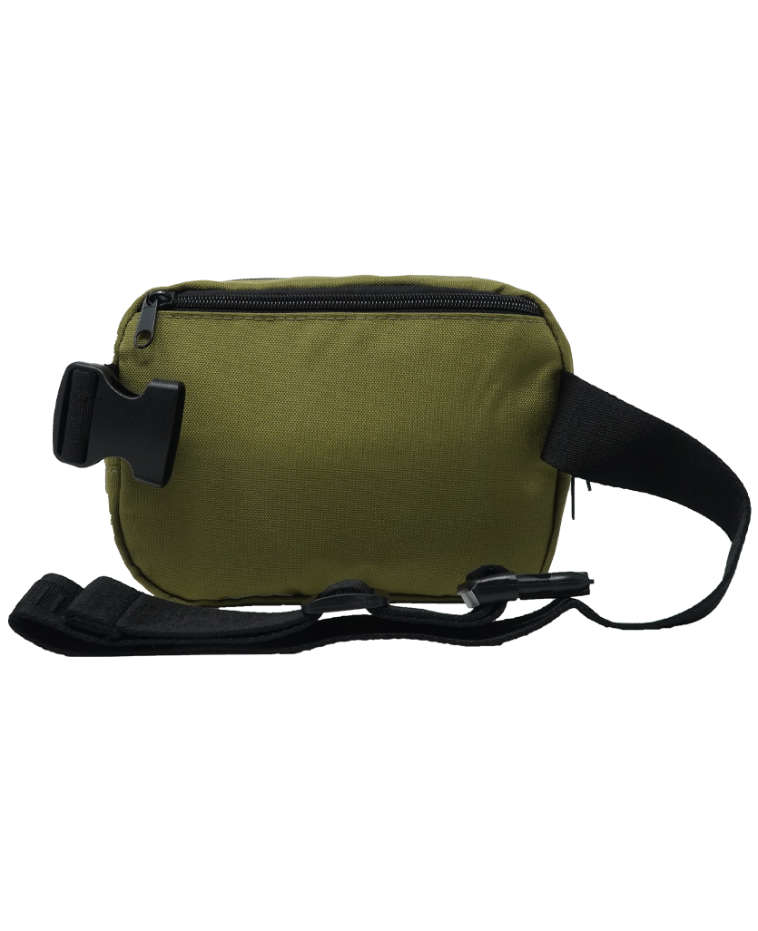 back of od green mini fanny pack