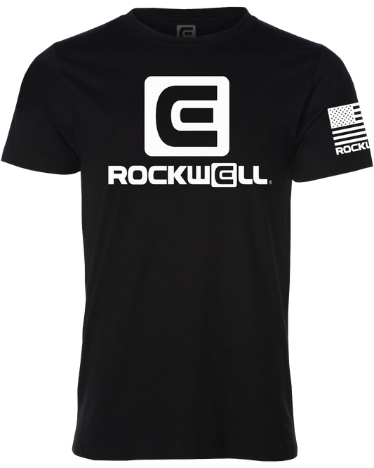 OG black rockwell logo stacked T-Shirt. rockwell flag logo on left sleeve