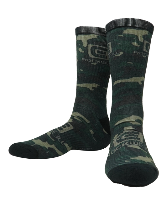 Rockwell o g green camo socks. Stacked rockwell logo on top and on the foot 