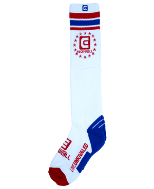 red white and blue old school knee high socks. Rockwell stacked logo on top and on the foot