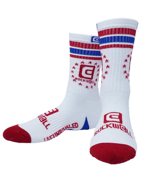 Old School Socks red/white/blue. Rockwell stacked logo on the top and on the foot
