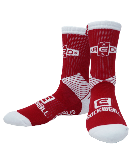Remember Everyone Deployed Socks. R.e.d logo on top. rockwell stacked logo on foot