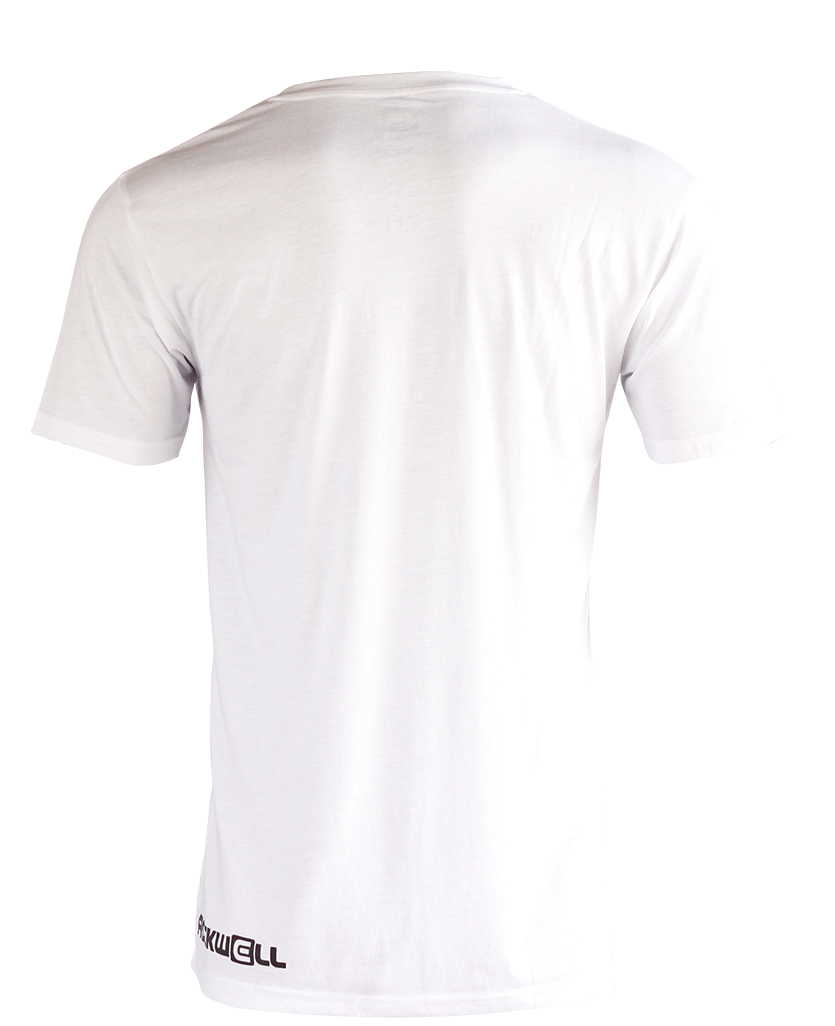Back of v neck with Rockwell logo on the bottom left