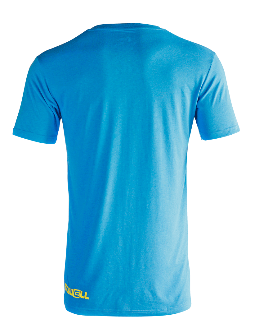 Backside of the blue mens boss v neck. Rockwell logo on the bottom left