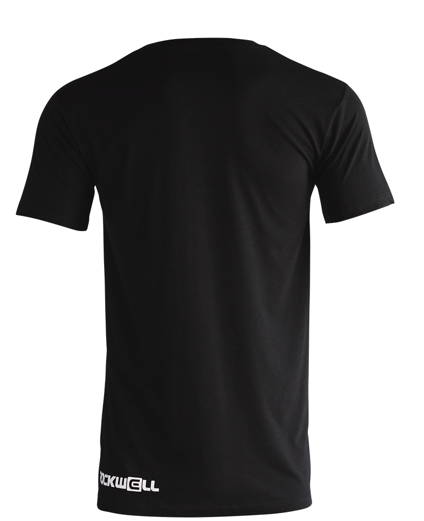 Back of Men's black Boss V-Neck. Rockwell logo on the bottom left