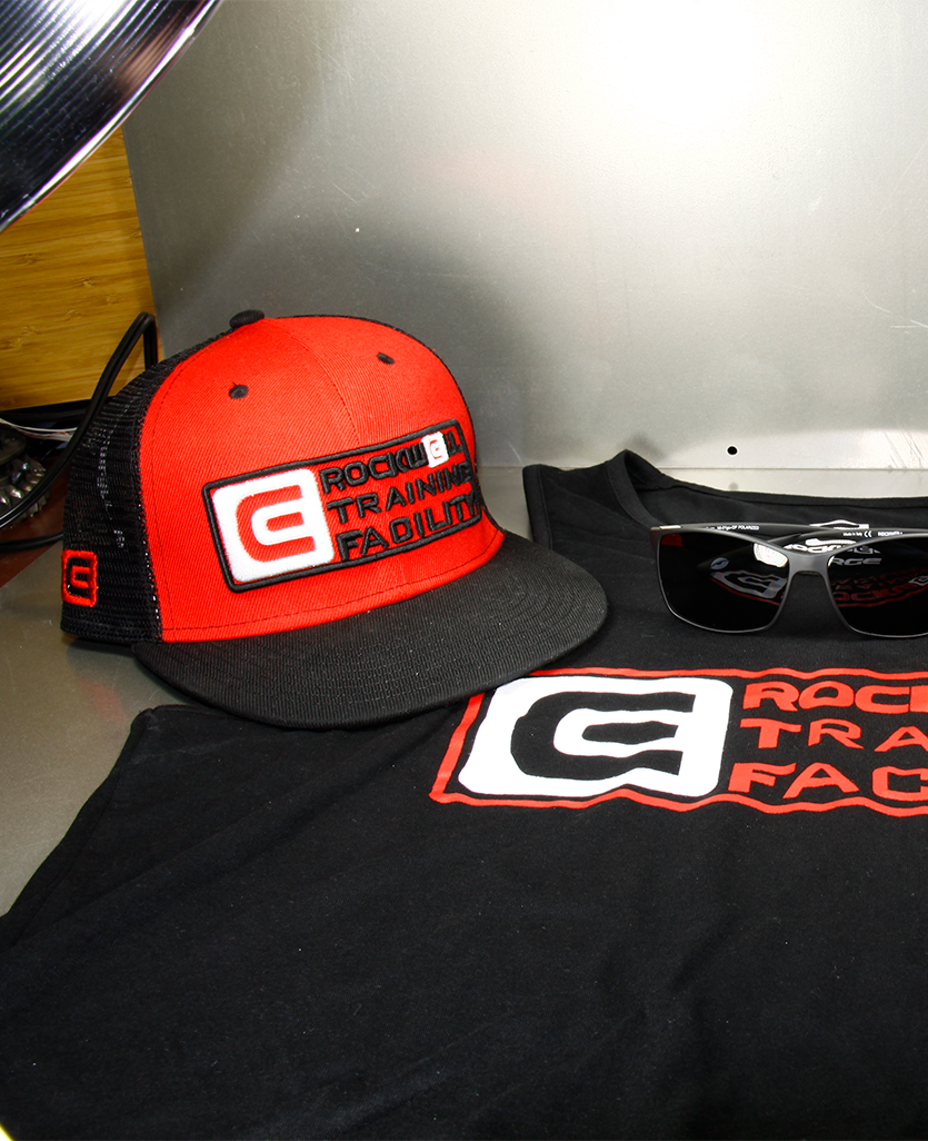 RTF Snapback Trucker Hat Red/Black Mesh. RTF tank top. Rockwell sunglasses