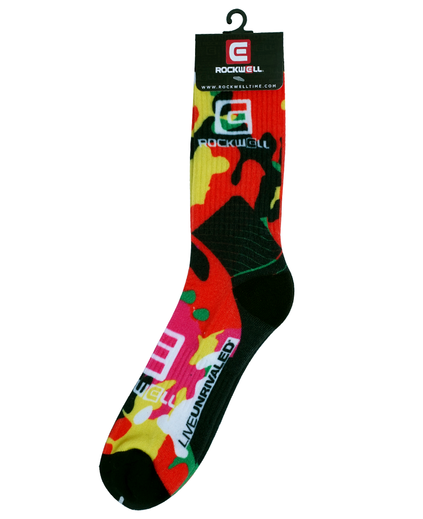 Red Camo Socks. rockwell stacked logo on top and on foot