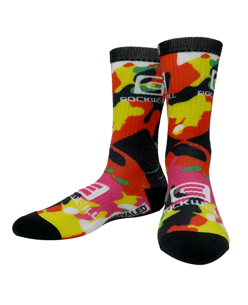 Red Camo Socks. rockwell stacked logo on top and on foot