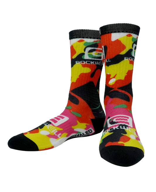 Red Camo Socks. rockwell stacked logo on top and on foot