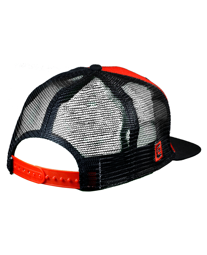 back of RTF Snapback Trucker Hat Red/Black Mesh back